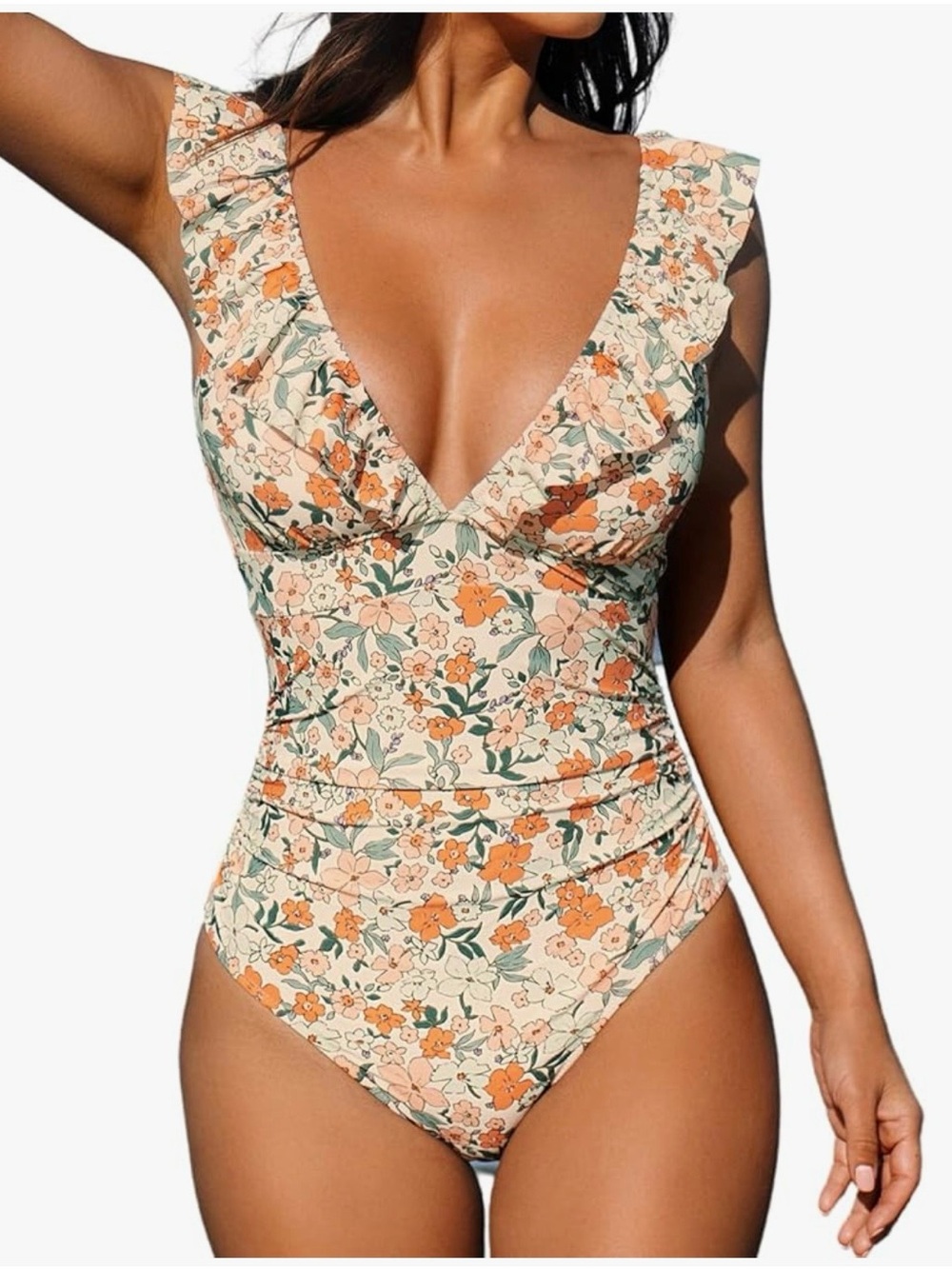 Cupshe Cream One-Piece Swimsuit with Orange Floral Print